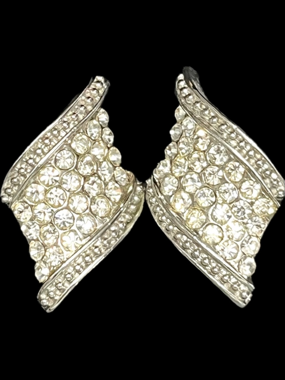 Big long Pave crystal statement clip on earrings Silver vintage Las Vegas cz USA